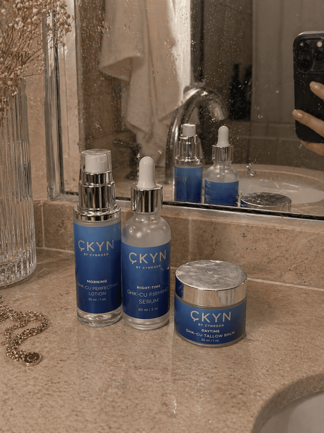 CKYN products on bathroom counter